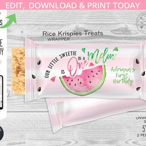 May include: A pink and white striped Rice Krispies Treats wrapper with a watermelon design. The text reads "Our Little Sweetie is One in a Melon" and "Adriana's First Birthday." The unwrapped size is 5" x 6".
