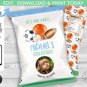 Bälle Sport lassen Sie uns einen Ball Chips Tasche Geburtstagsparty Bevorzugung Pack Chip Beutel Wrapper, Behälter für Snacks. Bearbeitbar druckbar. 204HPA 30 D