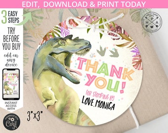 Dinosaur thank you favor gift tag 3x3 third three rex dino-mite T-Rex girl pink birthday thanks label. Editable printable. 137HPA 08 A