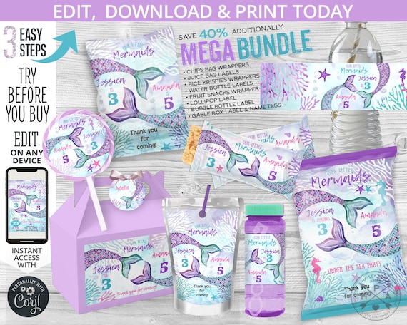 MEGA BUNDLE Mermaids joint party birthday pack, chips bags, juice, rice krispies wrappers, bottle labels. Editable printables. 060HPA 83 Il_570xn