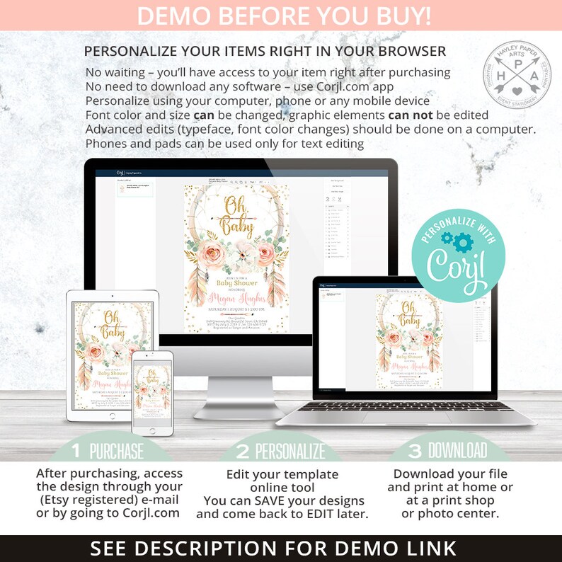 May include: A digital mockup of a baby shower invitation with a pink and gold colour scheme. The invitation features a dreamcatcher with feathers and flowers. The text on the invitation reads "Oh Baby" and "Baby Shower".
