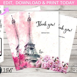 Eiffel tower thank you cards french paris ohh la la bohemian bonjour parisian birthday card 3.5x5 pink. Editable printable. 236HPA 09 A