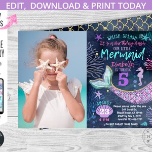 Mermaid birthday glitter invitation lilac purple teal aqua girl photo party invite invitations. Editable template. 060HPA 47