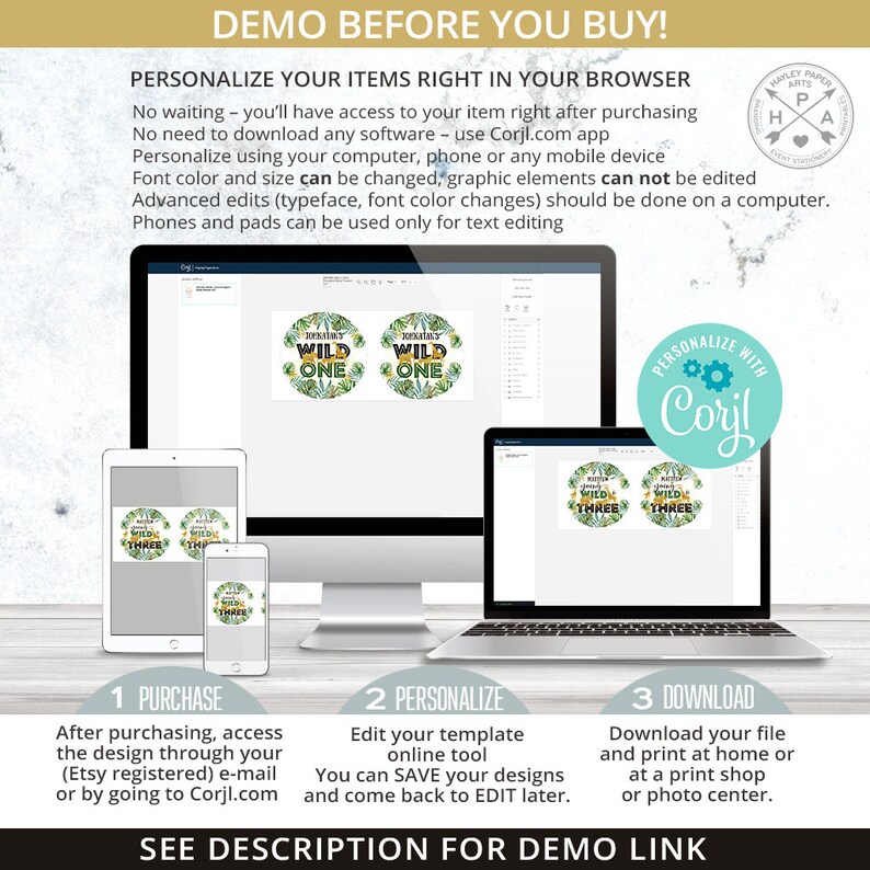 May include: A digital mockup showing how to personalize a printable design using the Corjl.com website. The design features a jungle-themed birthday party invitation with the text "[Name]'s Wild One".