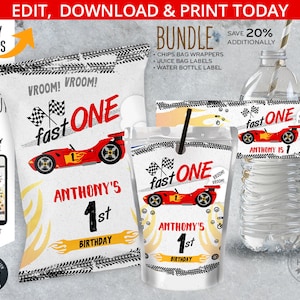 BUNDLE fast ONE race car chips bag, juice bags, water bottle labels, racing car speed first 1st birthday party. Online template. 197HPA 43