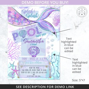 May include: A mermaid-themed pool party invitation with a purple and blue mermaid tail, a seashell with the number 5, and the text "Splish! Splash! It's an under the sea pool party bash Samantha is turning 5 Friday August 23 | 4-6 PM Join us to celebrate Near the pool 349 Coral Rd, Beach Town, CA 15948 RSVP by Nov 3, 2022 Jen 123-456-9721 Do not forget your towel".