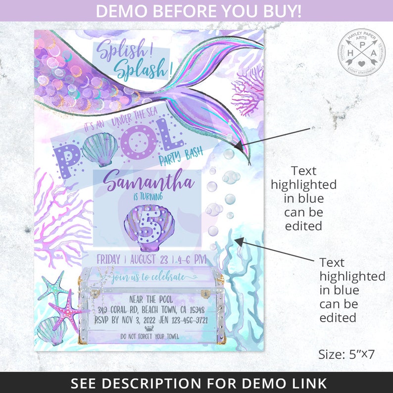 May include: A mermaid-themed pool party invitation with a purple and blue mermaid tail, a seashell with the number 5, and the text "Splish! Splash! It's an under the sea pool party bash Samantha is turning 5 Friday August 23 | 4-6 PM Join us to celebrate Near the pool 349 Coral Rd, Beach Town, CA 15948 RSVP by Nov 3, 2022 Jen 123-456-9721 Do not forget your towel".