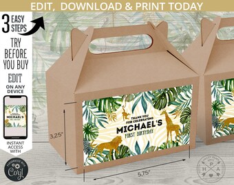 BEWERKBARE Jungle Gable geschenkdooslabels. Behandel gunstafhaaldoosstickers. Safari gouden dieren verjaardag wilde één Instant download 040HPA 27 B