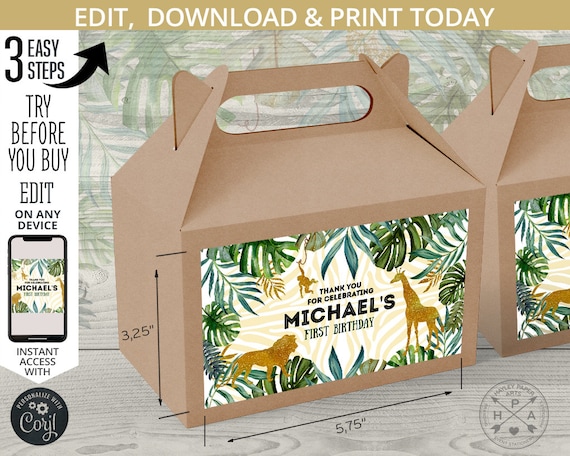 EDITABLE Jungle gable gift box labels. Handle favor takeway box stickers. Safari gold animals birthday wild one Instant download 040HPA 27 B Il_570xn
