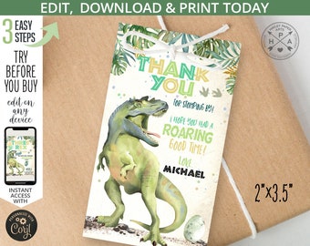 Dinosaur thank you favor gift tag third three rex dino-mite T-Rex boy birthday rectangular label. Editable printable. 132HPA 09 B 139hpa