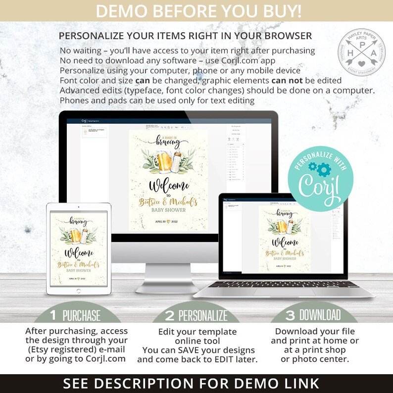 May include: A digital mockup showing how to personalize a printable baby shower welcome sign using the Corjl.com website. The sign features a green and gold design with the text "Welcome to Beatrice & Michael's Baby Shower".