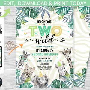 May include: A printable invitation for a second birthday party with a jungle theme. The design features a zebra print background, watercolor illustrations of safari animals, and the text "Two Wild". Includes party details.