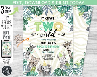Dschungel Safari Zwei Wild Geburtstag Einladung Junge zweite 2nd Party Tiere Grün Löwe Elefant Giraffe Printable editierbare Vorlage 124HPA 02