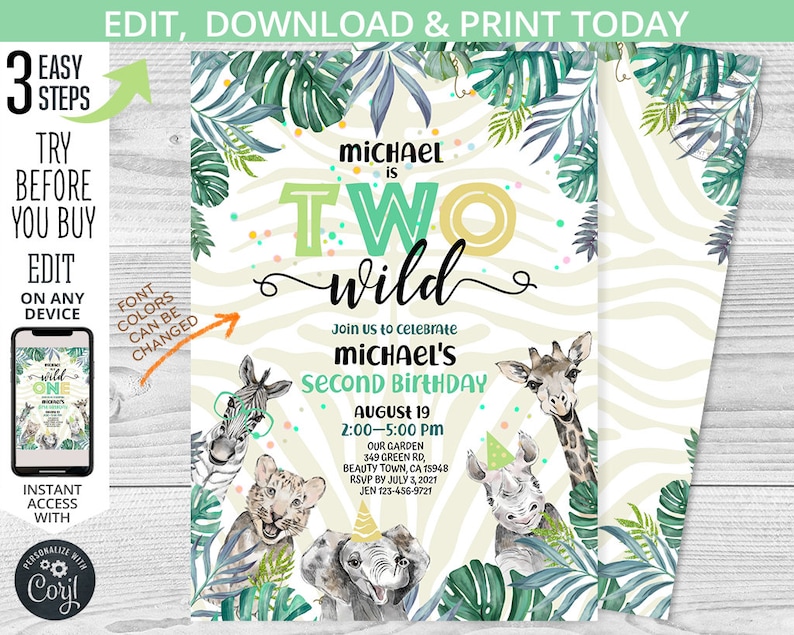 May include: A printable invitation for a second birthday party with a jungle theme. The design features a zebra print background, watercolor illustrations of safari animals, and the text "Two Wild". Includes party details.