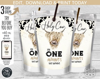 Holy cow I'm ONE juice bag label, highland cow juice bags, beige brown pouch, first birthday party. Editable printable. 209HPA 31 E