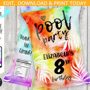 Tie Dye Pool Party Chips Tasche, Sommer tropische Palme schwimmen Geburtstag, Regenbogen Hippie Chip Tasche, Chips Gastgeschenke, editierbar printable. 186HPA 30 J