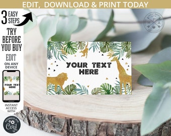 May include: Editable printable card with a jungle theme. The card features a white background with green and gold foliage, a monkey, a lion, and a giraffe. The text "Your Text Here" is in black font.