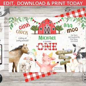 May include: A printable invitation for a farm-themed first birthday party. The invitation features a red barn, a pig, a horse, a lamb, a cow, and a goose. The text on the invitation reads "oink cluck", "baa moo", "Michael is turning one", "August 15, 2-5 pm", and "Our Barn, 349 Squarell Rd, Pine Town, CA 15948".