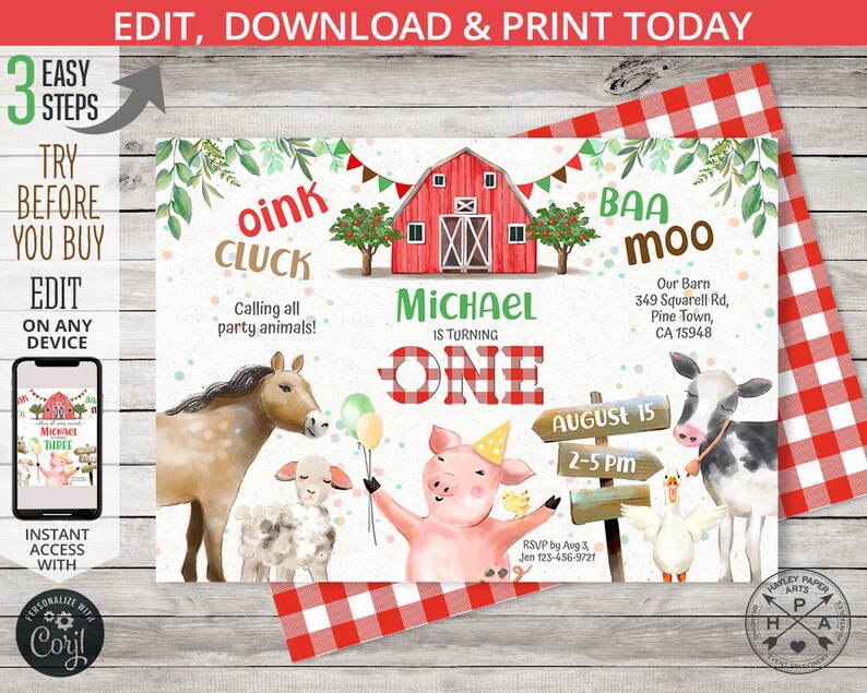May include: A printable invitation for a farm-themed first birthday party. The invitation features a red barn, a pig, a horse, a lamb, a cow, and a goose. The text on the invitation reads "oink cluck", "baa moo", "Michael is turning one", "August 15, 2-5 pm", and "Our Barn, 349 Squarell Rd, Pine Town, CA 15948".