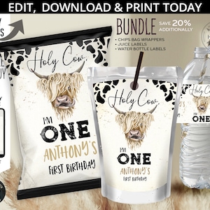 BUNDLE Holy cow I'm ONE highland cow chips bag wrapper, juice bag, water bottle label, cow boy party favors. Editable printables. 209HPA 44 image 1