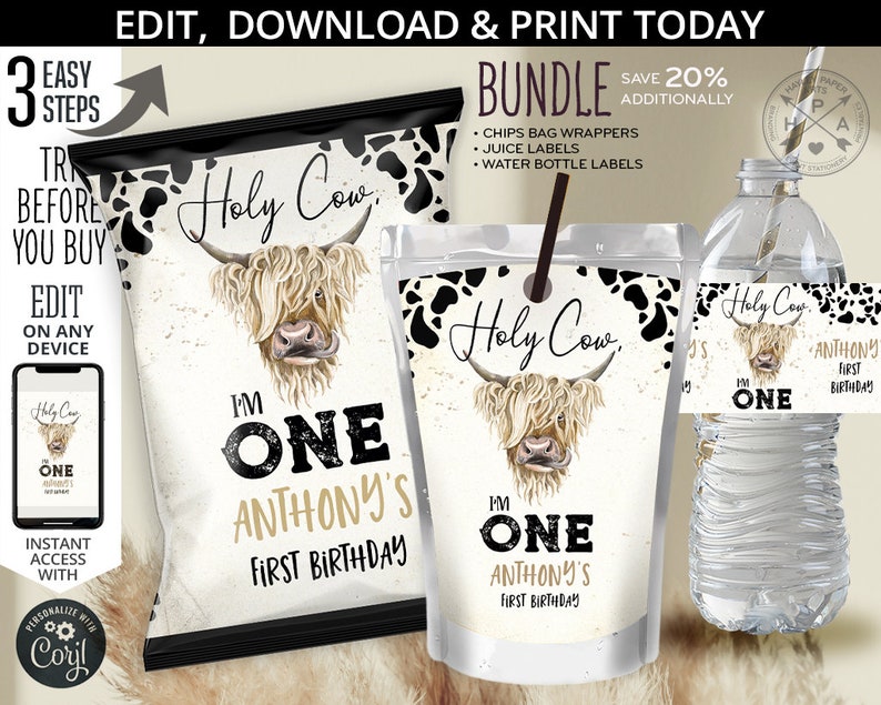 BUNDLE Holy cow I'm ONE highland cow chips bag wrapper, juice bag, water bottle label, cow boy party favors. Editable printables. 209HPA 44 image 1