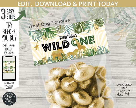 Jungle wild one treat bag topper label safari animals treats candy plastic zip bags toppers, birthday favors. Editable template. 040HPA 38 A Il_570xn