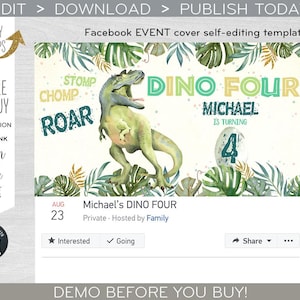 Può includere: Un modello di copertina per eventi di Facebook a tema dinosauri. Il design presenta un dinosauro verde, le parole "Dino Four" e il nome "Michael". Il modello include il testo "Modifica", "Scarica" e "Pubblica oggi".