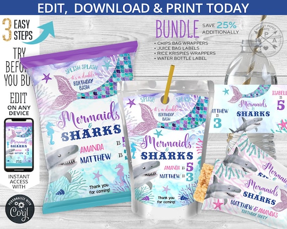 BUNDLE Mermaids Sharks chips bag, juice bags water labels rice krispies wrappers, joint mermaid shark birthday. Editable template. 062HPA 22 Il_570xn
