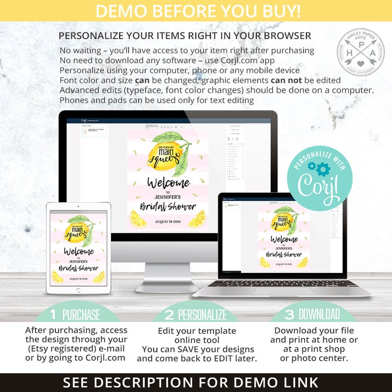 May include: A digital mockup of a printable bridal shower welcome sign with a lemon theme. The sign features a pink and white striped background with lemons and the text "Welcome to Jennifer's Bridal Shower". The sign is displayed on a computer screen and a tablet. The text "Personalize with Corjl" is also visible on the image.