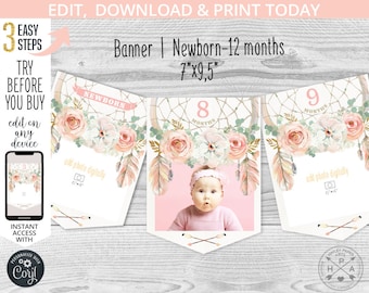 Banner dreamcatcher wild one first birthday monthly garland decoration newborn 12 months girl boho pink. Editable template. 122HPA 12 A