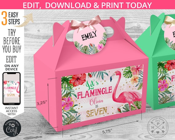 EDITABLE Flamingo birthday gable gift box labels and tags. Let's flamingle party handle favor takeway. Instant access template. 044HPA 28 A Il_570xn
