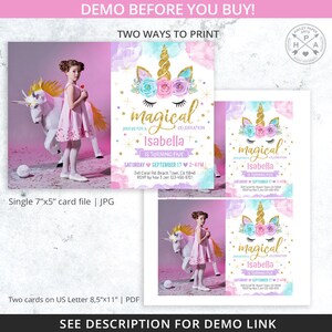 May include: A unicorn-themed party invitation with a gold glitter horn and floral details. The invitation reads "magical celebration" and includes the name Isabella, date, time, and RSVP details. A young girl in a pink dress is also pictured with a unicorn statue.