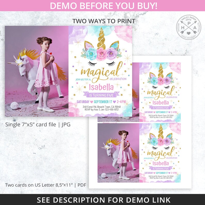 May include: A unicorn-themed party invitation with a gold glitter horn and floral details. The invitation reads "magical celebration" and includes the name Isabella, date, time, and RSVP details. A young girl in a pink dress is also pictured with a unicorn statue.