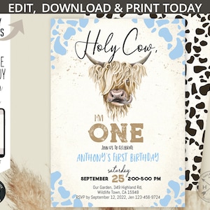 Puede incluir: Una invitaci&oacute;n de fiesta de primer cumplea&ntilde;os con tem&aacute;tica de vaca azul y blanca con una vaca de las tierras altas de dibujos animados y el texto "Holy Cow, I'm One!"  &Uacute;nete a nosotros para celebrar el primer cumplea&ntilde;os de Anthony, el s&aacute;bado 25 de septiembre, de 2:00 PM a 5:00 PM. Nuestro jard&iacute;n, 349 Highland Rd, Wildlife Town, CA 15948. RSVP antes del 12 de septiembre de 2022, Jen 123-456-9724.