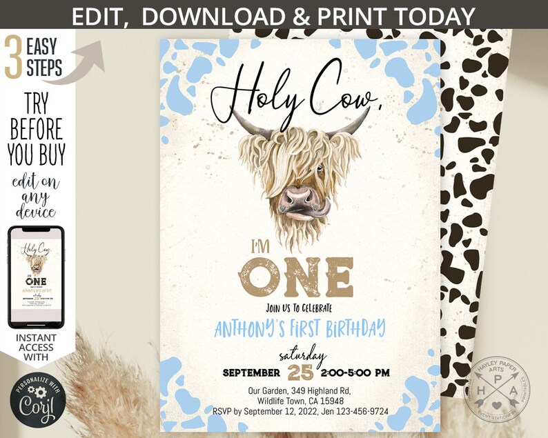 Puede incluir: Una invitaci&oacute;n de fiesta de primer cumplea&ntilde;os con tem&aacute;tica de vaca azul y blanca con una vaca de las tierras altas de dibujos animados y el texto "Holy Cow, I'm One!"  &Uacute;nete a nosotros para celebrar el primer cumplea&ntilde;os de Anthony, el s&aacute;bado 25 de septiembre, de 2:00 PM a 5:00 PM. Nuestro jard&iacute;n, 349 Highland Rd, Wildlife Town, CA 15948. RSVP antes del 12 de septiembre de 2022, Jen 123-456-9724.