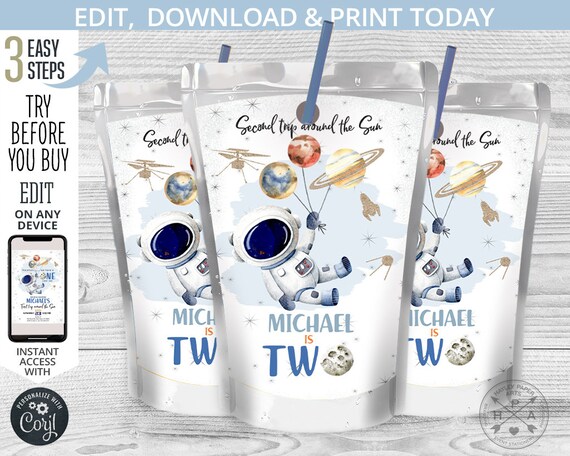 Space juice bag label, capri juice bags, astronaut juice pouch, second birthday TWO galaxy planets moon party editable template. 153HPA 18 D Il_570xn