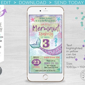 May include: A digital invitation for a 3rd birthday party with a mermaid theme. The invitation features a mermaid tail with purple and green scales, a seahorse, and bubbles. The text on the invitation reads "Splish Splash it's a birthday bash! Our Little Mermaid Isabella is turning 3." The date and time of the party are listed as "August 23, Saturday, 2:00-5:00 PM". The location is "Under the Sea, 349 ocean Rd, River Town, CA 15948".