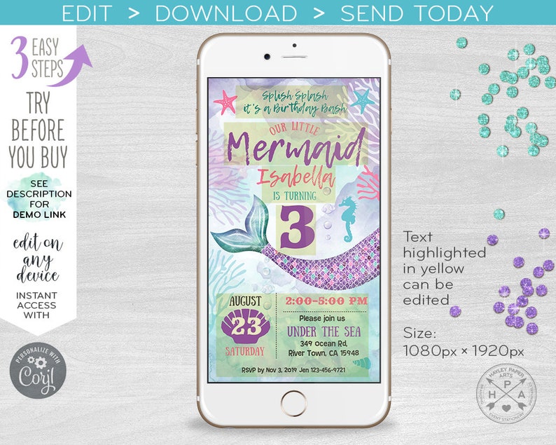 May include: A digital invitation for a 3rd birthday party with a mermaid theme. The invitation features a mermaid tail with purple and green scales, a seahorse, and bubbles. The text on the invitation reads "Splish Splash it's a birthday bash! Our Little Mermaid Isabella is turning 3." The date and time of the party are listed as "August 23, Saturday, 2:00-5:00 PM". The location is "Under the Sea, 349 ocean Rd, River Town, CA 15948".