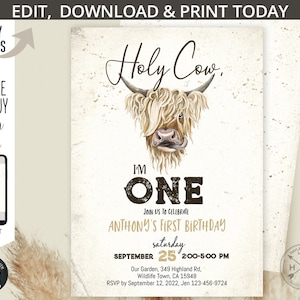 Holy cow birthday invitation highland cow I&#39;m one ranch farm boy girl editable first 1st party invite. Selfeditable printable. 209HPA 02