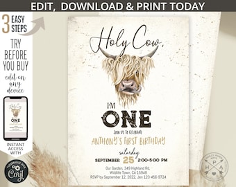 Holy cow birthday invitation highland cow I'm one ranch farm boy girl editable first 1st party invite. Selfeditable printable. 209HPA 02