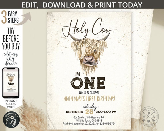 Holy cow birthday highland cow invitation I'm one ranch farm boy girl editable first 1st party invite. Selfeditable printable. 209HPA 02 Il_570xn