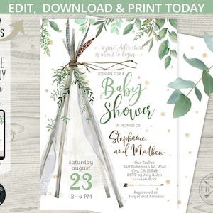 May include: A green and white baby shower invitation with a teepee illustration and the text "Join us for a Baby Shower in honor of Stephanie and Matthew". The invitation includes the date, time, and RSVP information.