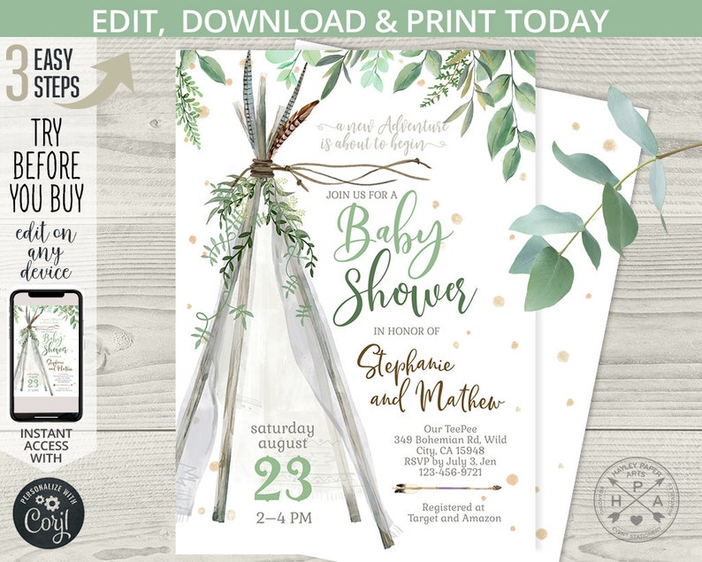 May include: A green and white baby shower invitation with a teepee illustration and the text "Join us for a Baby Shower in honor of Stephanie and Matthew". The invitation includes the date, time, and RSVP information.