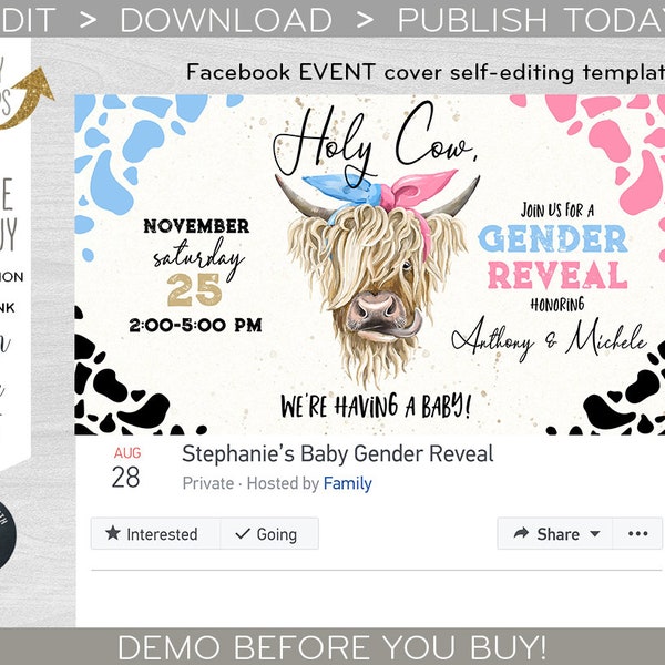 Revelación de género de Holy Cow Portada del EVENTO de Facebook banner de redes sociales anuncio de fiesta rosa azul baby shower. Plantilla EDITABLE. F210 07 210hpa