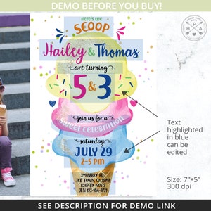 Ice cream birthday here's the scoop invitation joint siblings boy girl sister brother party icecream invitations Editable template 118HPA 04 image 3