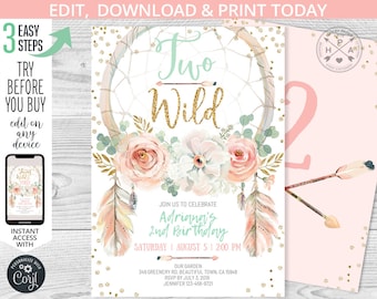 May include: A printable invitation for a 2nd birthday party with a boho theme. The invitation features a dreamcatcher with feathers, flowers, and the text "Two Wild" in gold glitter. The invitation is pink and white with gold glitter accents.