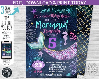 Mermaid birthday under the sea invitation purple aqua tail teal navy pink b-day girl party invite invitations. Editable template. 060HPA 05