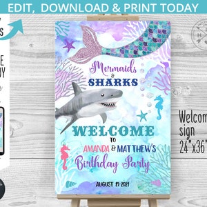 May include: A printable welcome sign for a mermaid and shark themed birthday party. The sign features a mermaid tail with purple and blue scales, a shark, and a seahorse. The text on the sign reads "Mermaids & Sharks Welcome to Amanda & Matthew's Birthday Party August 19, 2021". The sign is 24 inches by 36 inches.