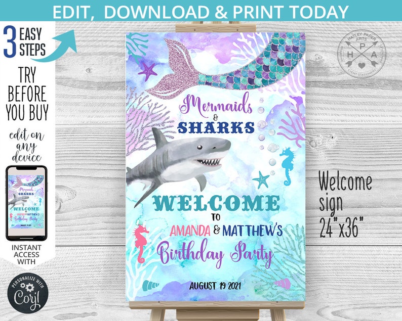 May include: A printable welcome sign for a mermaid and shark themed birthday party. The sign features a mermaid tail with purple and blue scales, a shark, and a seahorse. The text on the sign reads "Mermaids & Sharks Welcome to Amanda & Matthew's Birthday Party August 19, 2021". The sign is 24 inches by 36 inches.