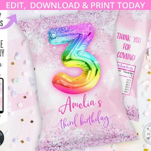 May include: A pink and white glittery chip bag with a rainbow foil number 3 and the text "Amelia's third birthday". The bag has a thank you for coming message and nutrition facts on the back.